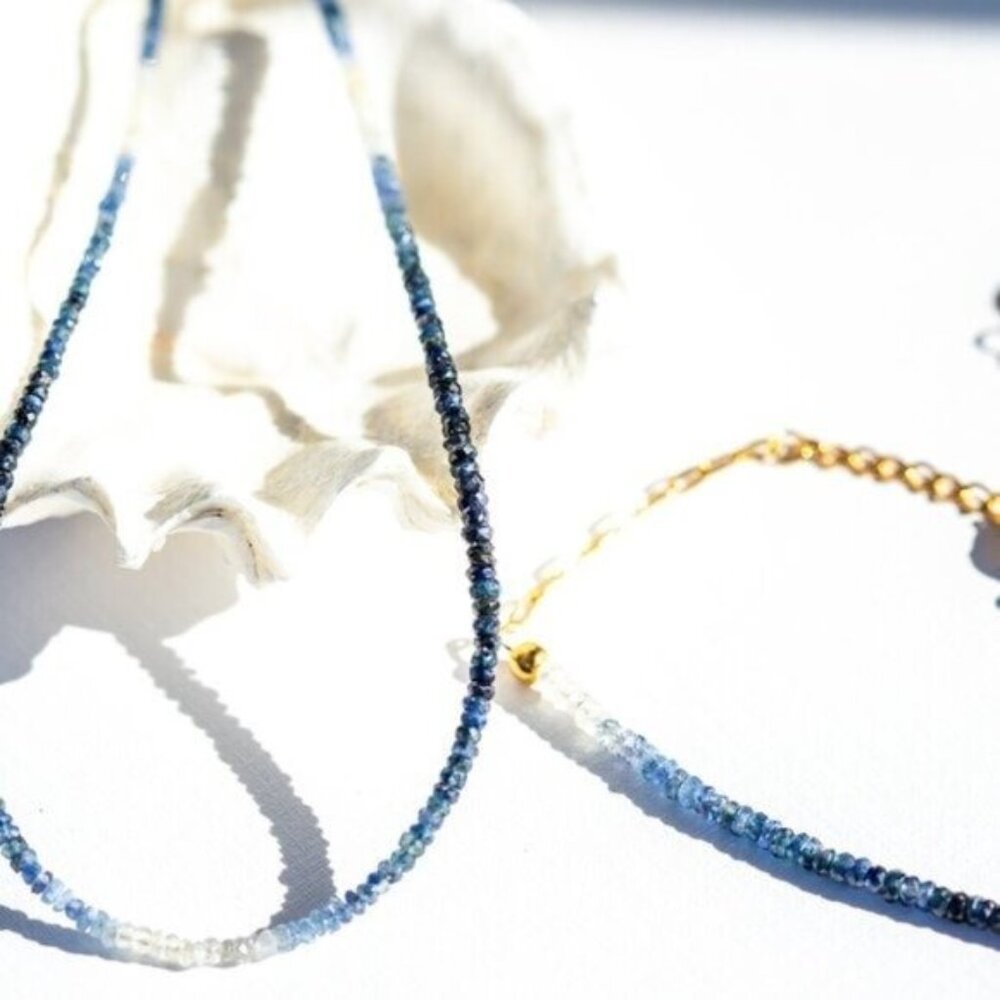 GORGEOUS Ombre Sapphire Necklace + Bracelet Set Waterproof Gold Genuine Gemstone - Picture 12 of 12